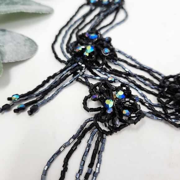 CHICO'S Black AB Seed & Faceted Iridescent Beads Choker Bib Necklace Vintage - Picture 3 of 10